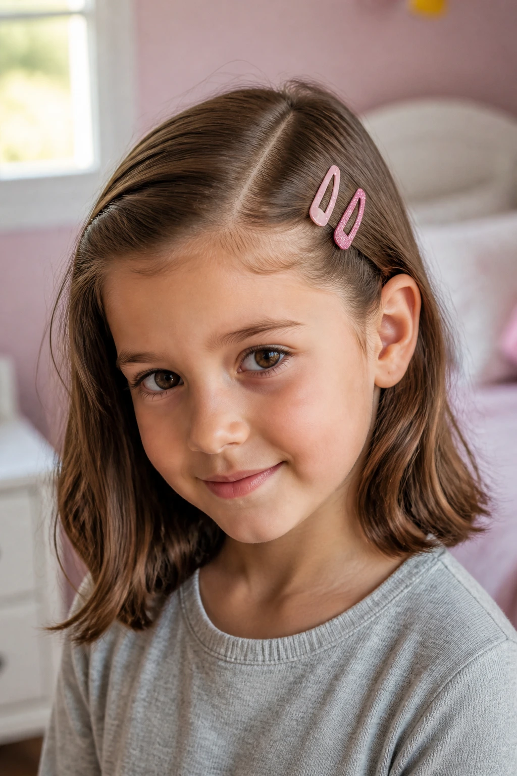 Close-up of a girl with a deep side part and two snap clips in soft bedroom light