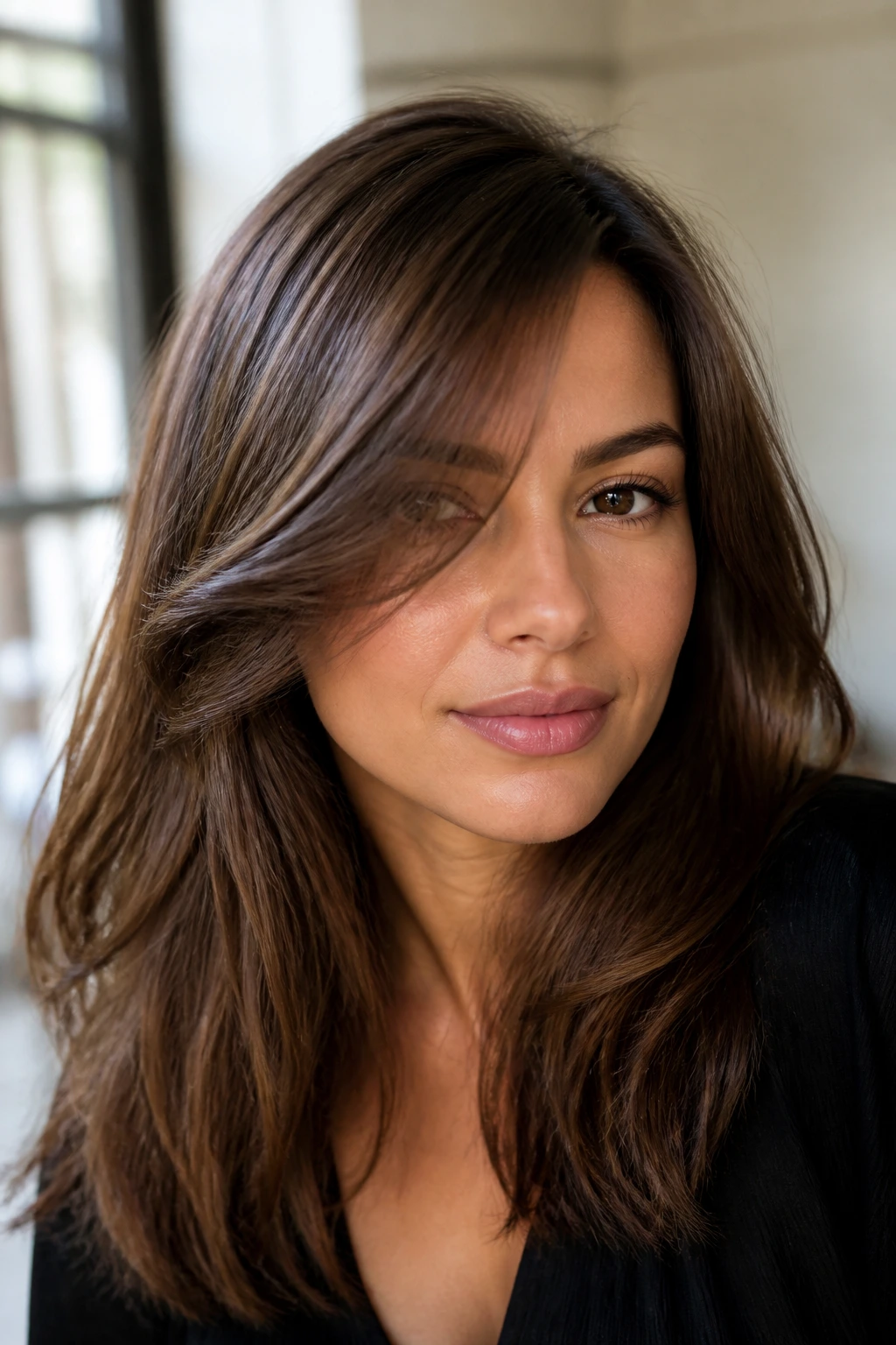 Portrait of a person with a diagonal, soft-edged side-part fringe