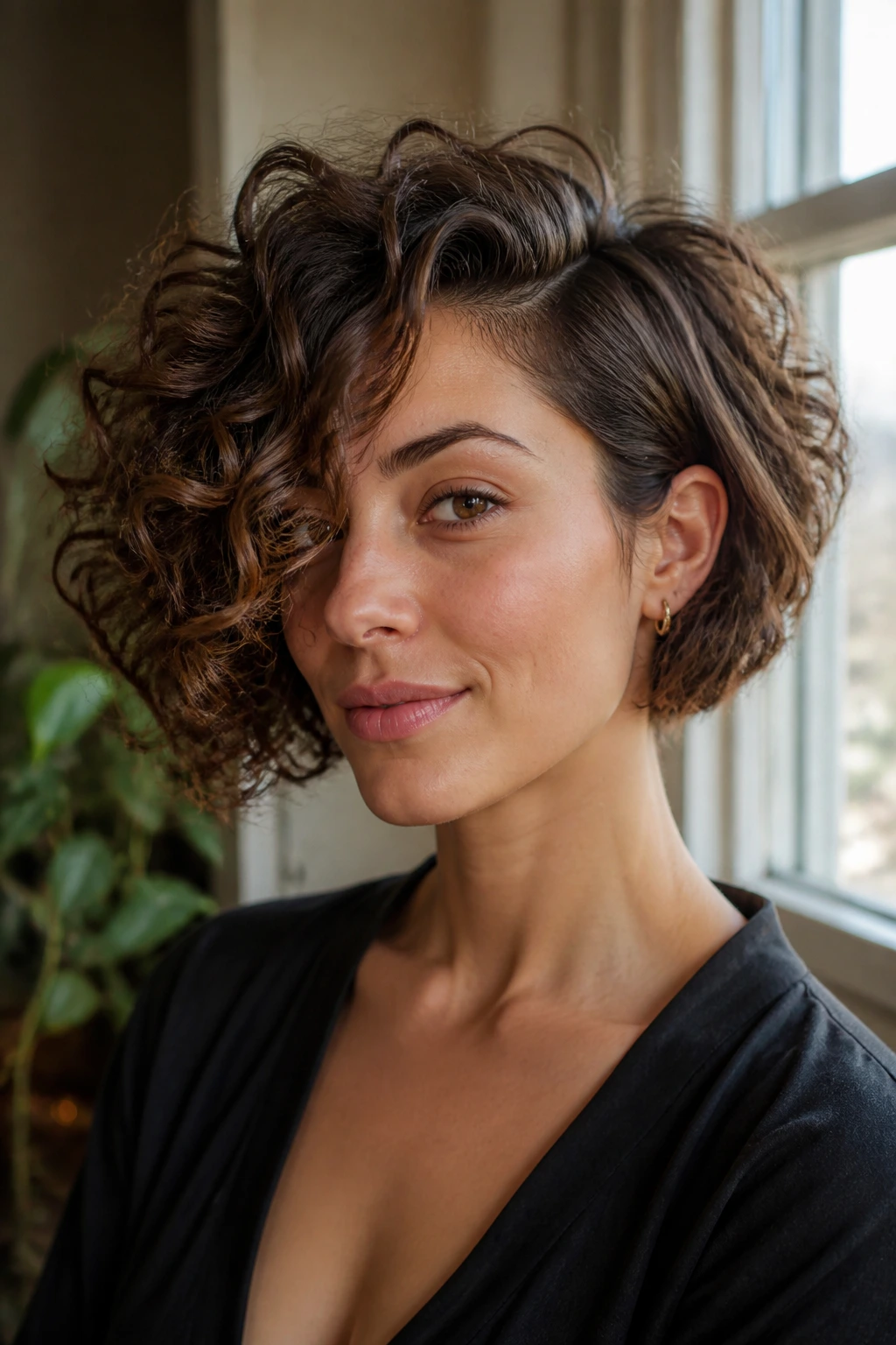 Three-quarter portrait of a real woman with a side-parted stacked bob and sweeping front volume