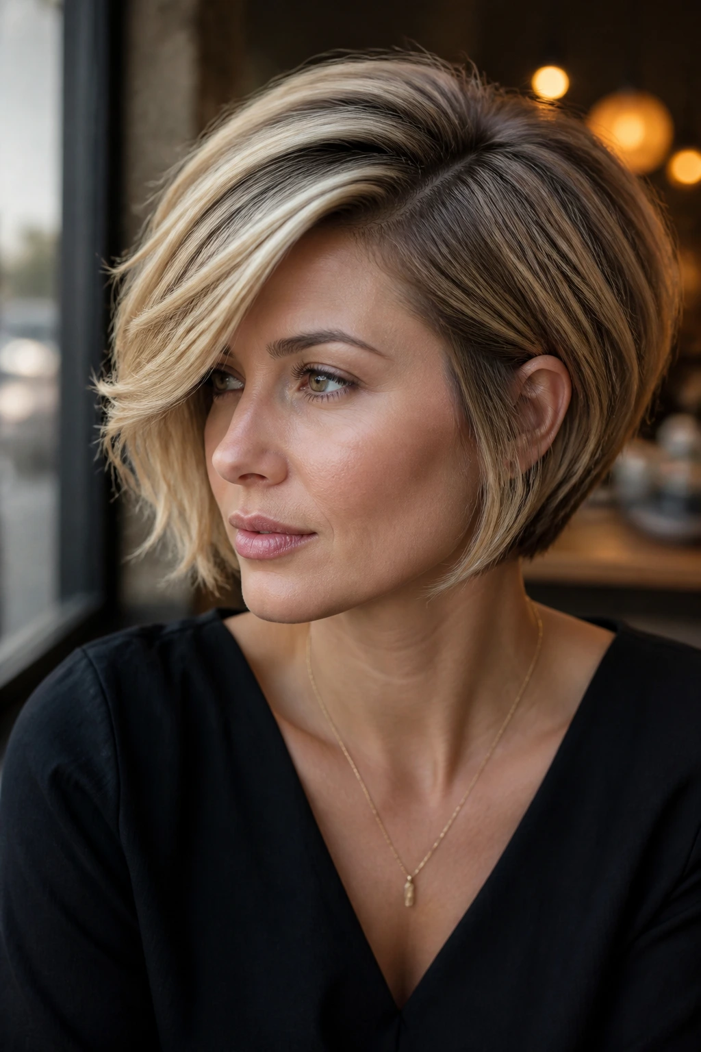 Close-up portrait of a real person with a deep-side-part stacked bob and dramatic sweep.