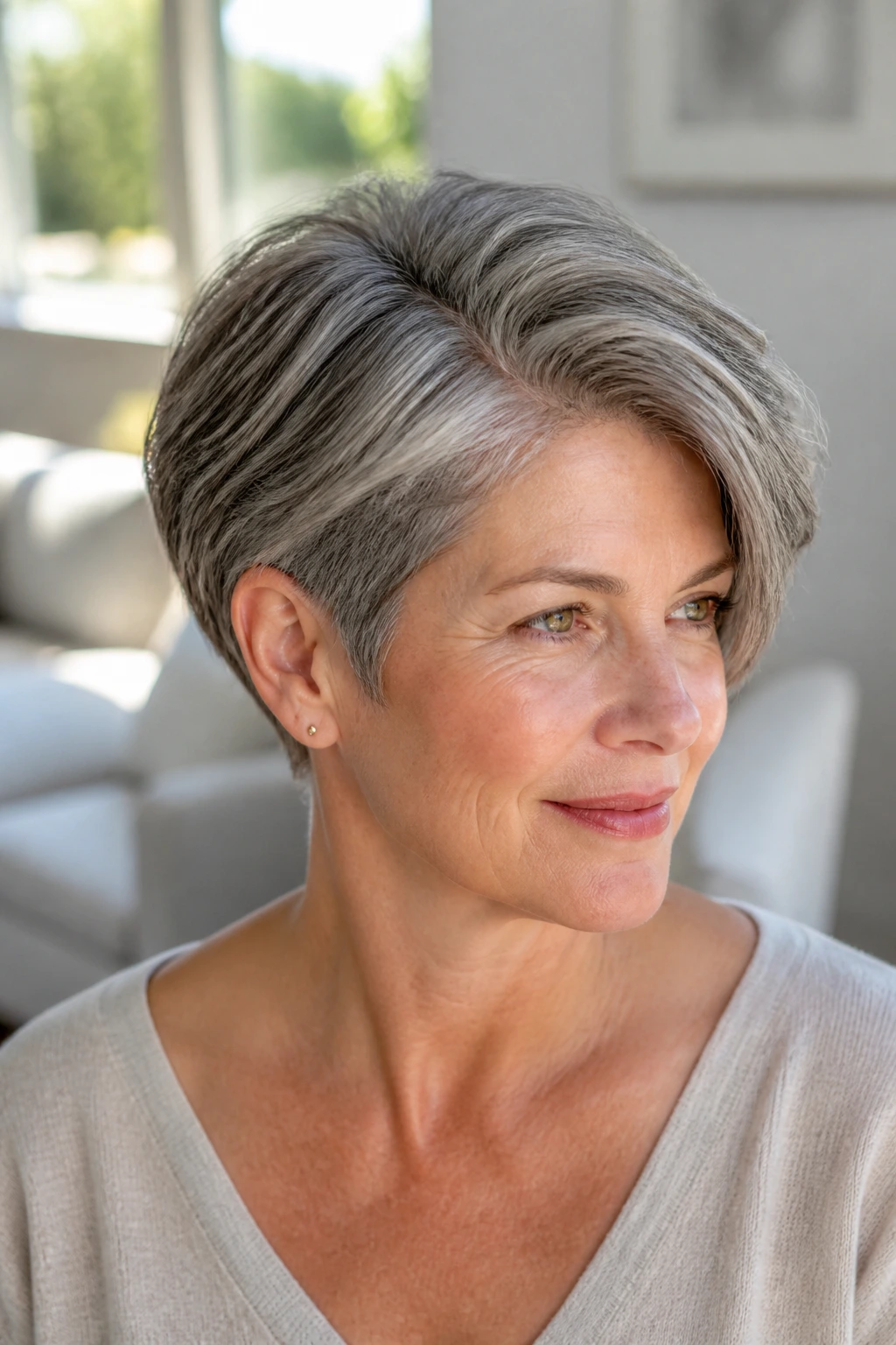 Real woman with side-part stacked crop in a sunlit living room
