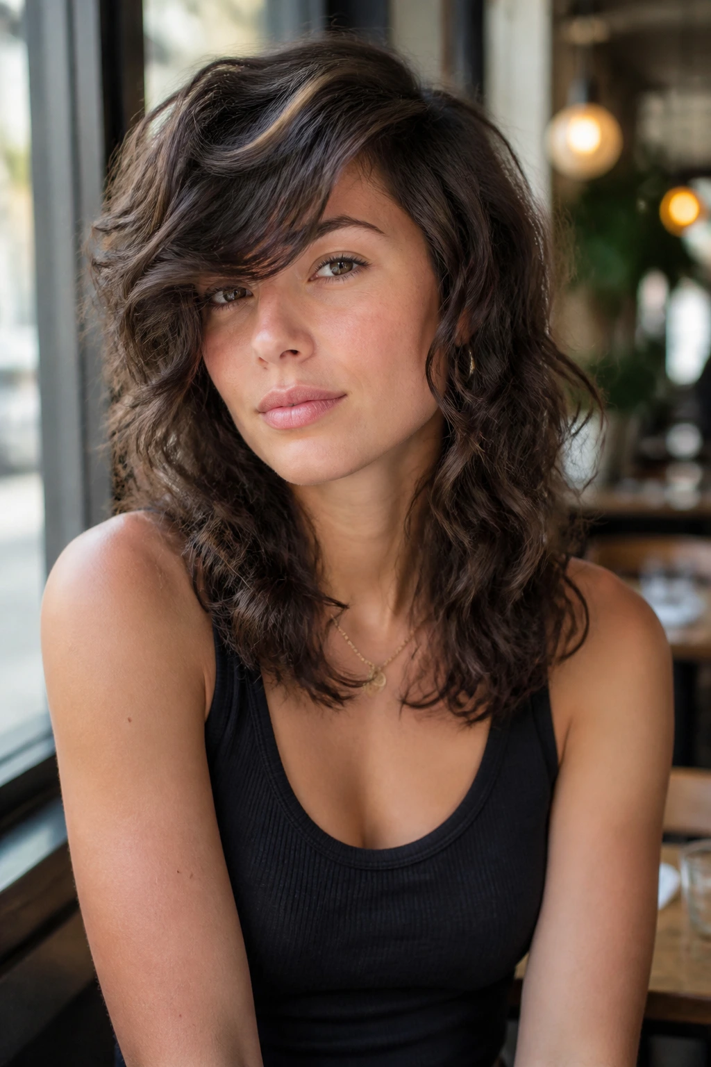 Portrait of a person wearing a side-part sweep shag with long fringe