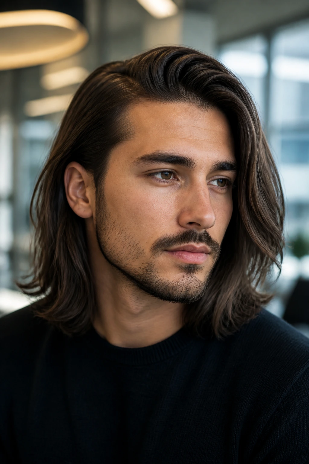 Close-up portrait of a real man with a side-part sweep in a bright office.