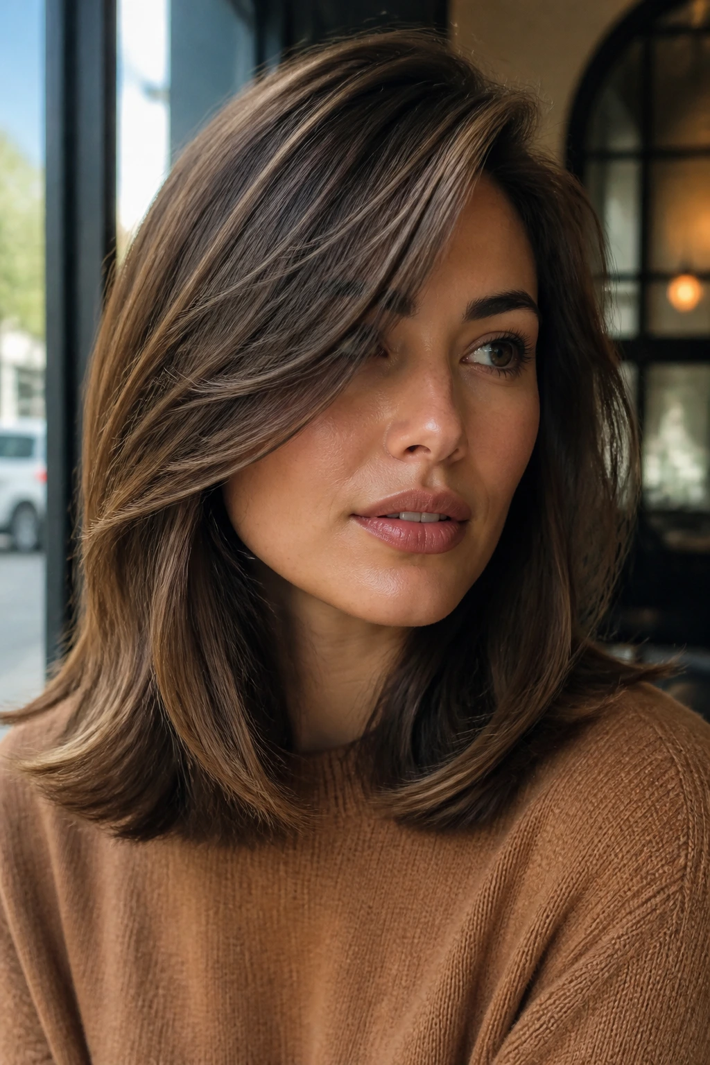 Close-up of a real woman with a deep side part sweeping layers across the forehead