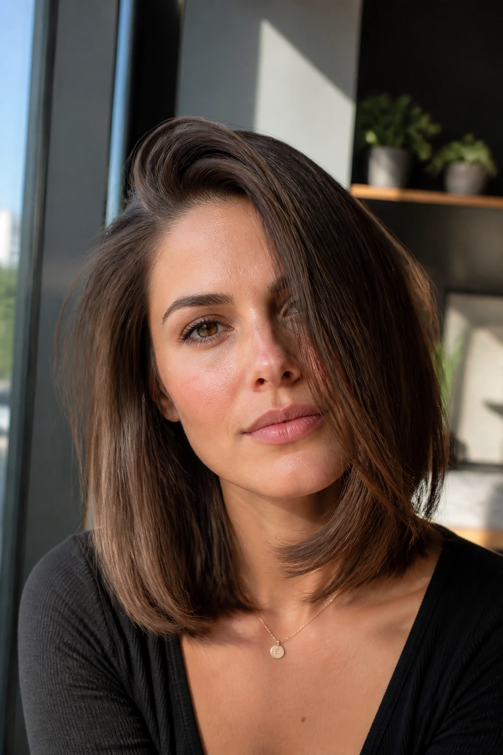 Real woman with side-part sweep lob showing crown lift