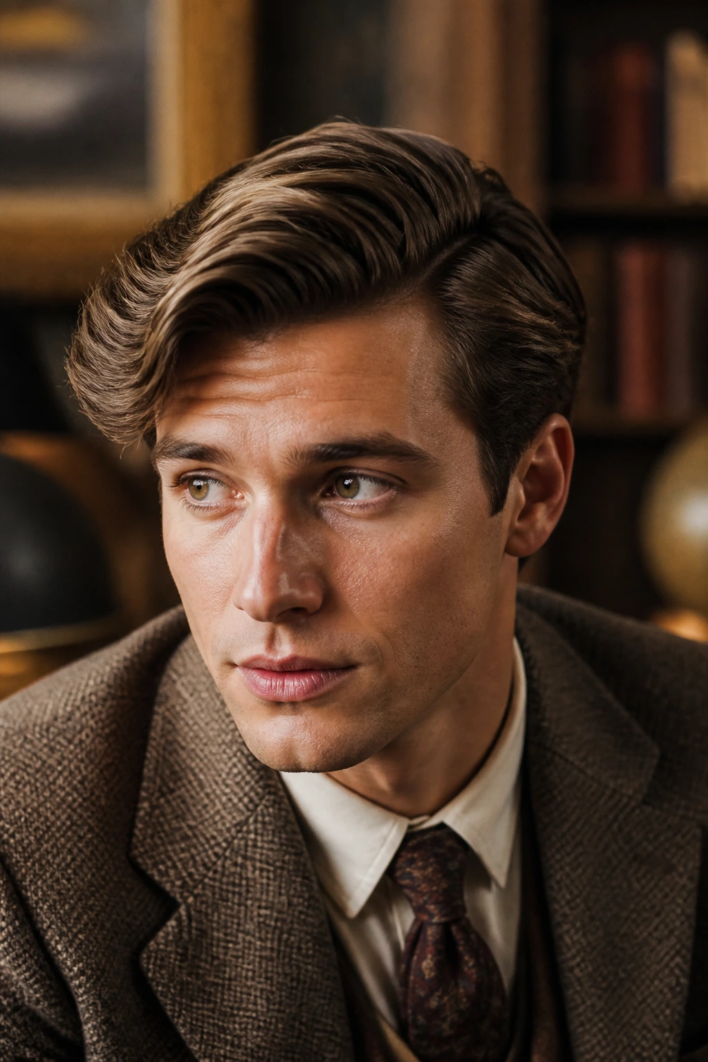 Man with classic side-part sweep, hair brushed to create a clean line in a study.