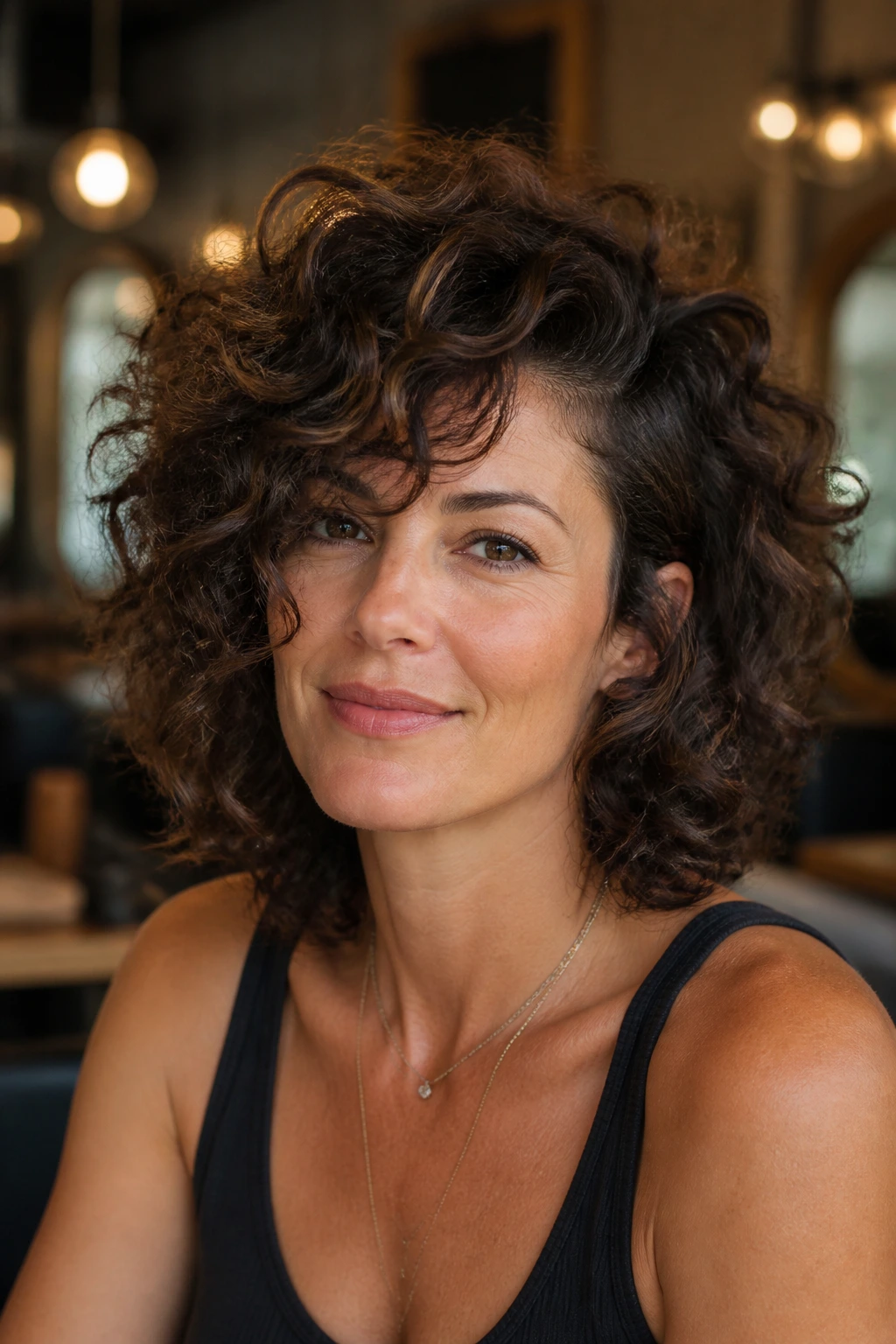 Close-up of a real woman with a side-part sweep shag in warm lighting