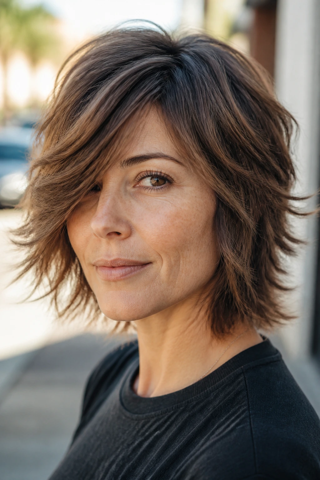 Portrait of a real woman with Side-Part Swoop Shag and soft daytime lighting