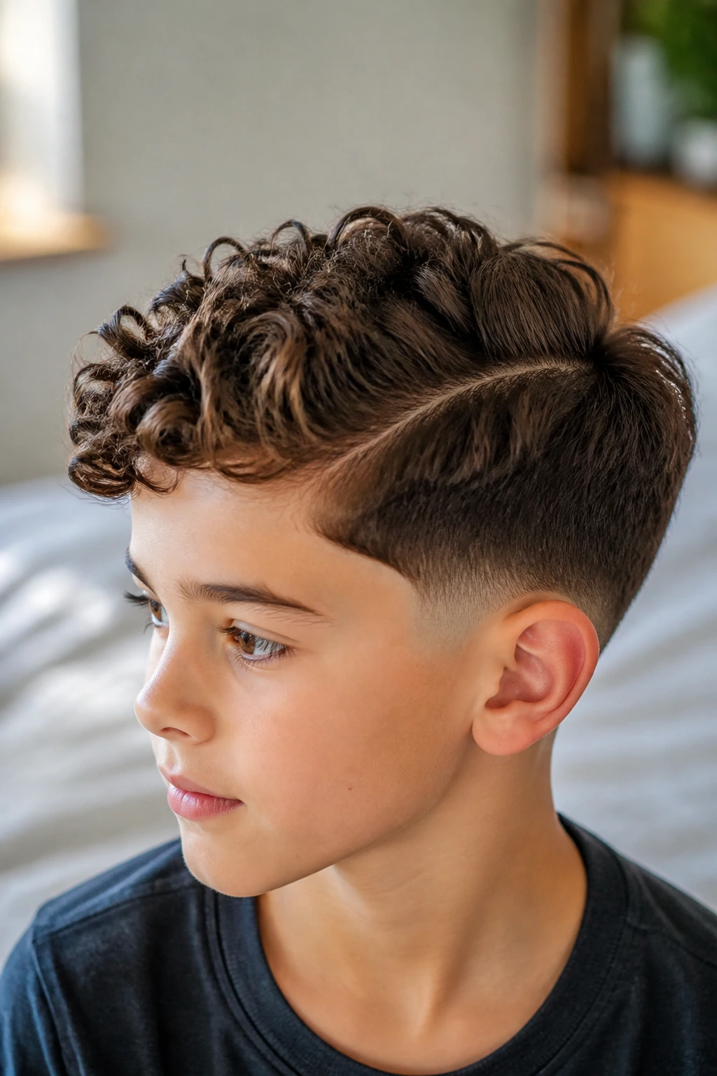 Close-up of a boy with a side-part taper showing defined top and clean sides