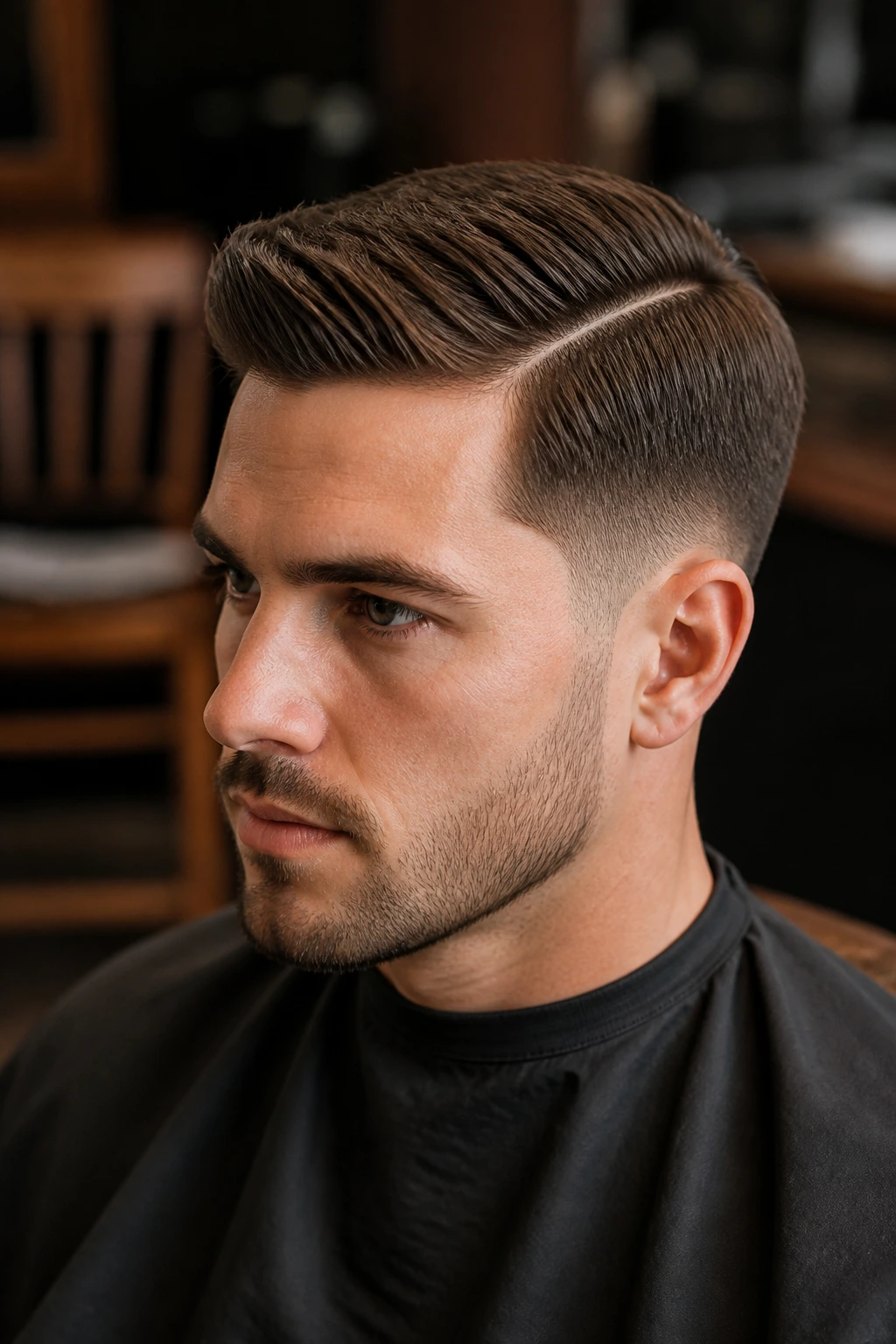 Close-up portrait of a man with a side-part taper haircut in a barber shop setting