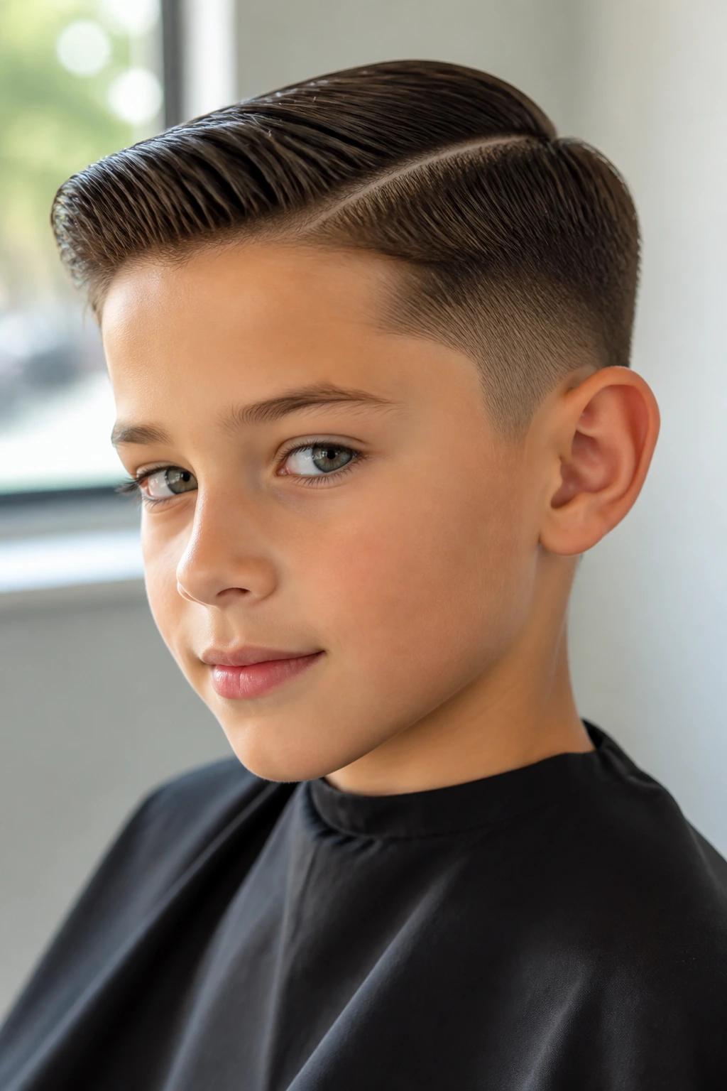 Close-up of a child with side-part taper haircut.