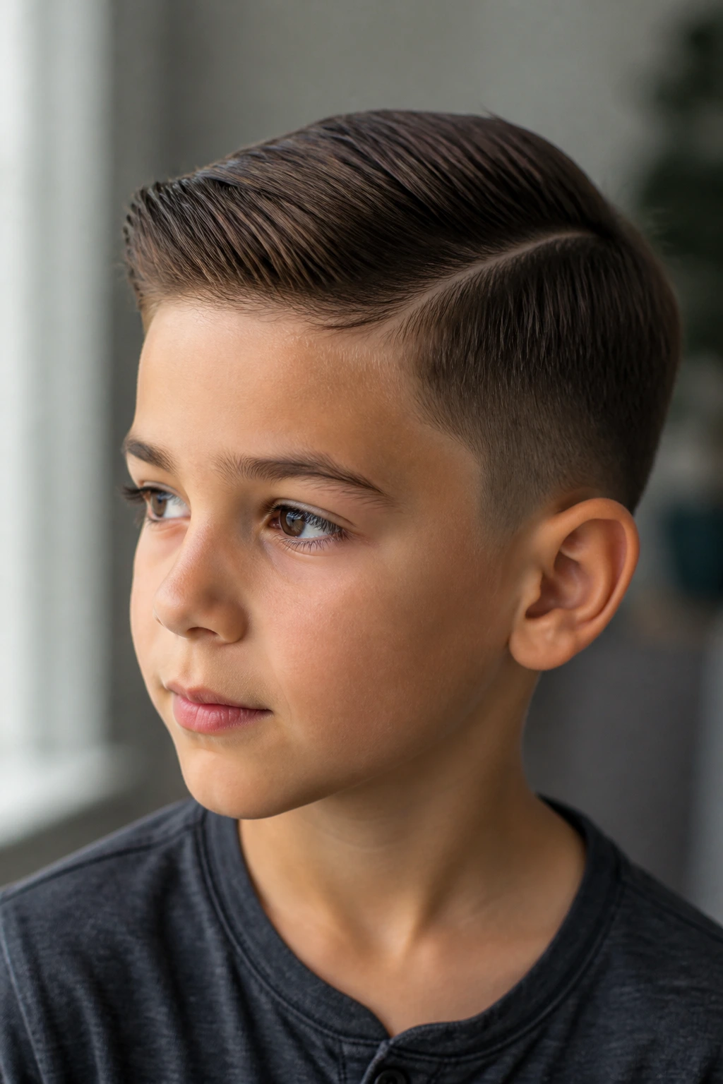 Close-up of a real child with a side-part haircut and crisp taper