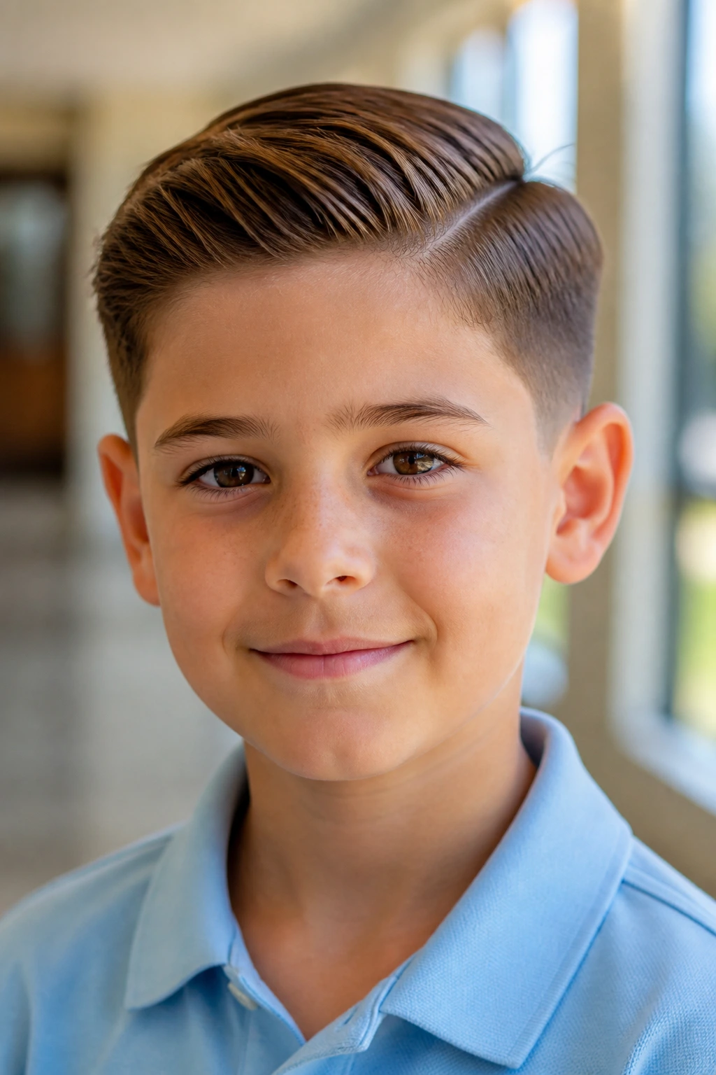 Close-up of child with side-part taper haircut in hall