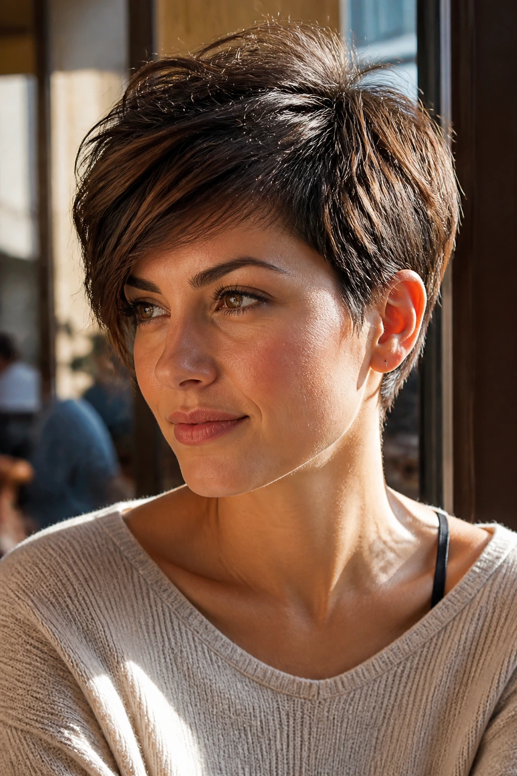 Close-up portrait of a woman with side-part textured crop in sunlit cafe light