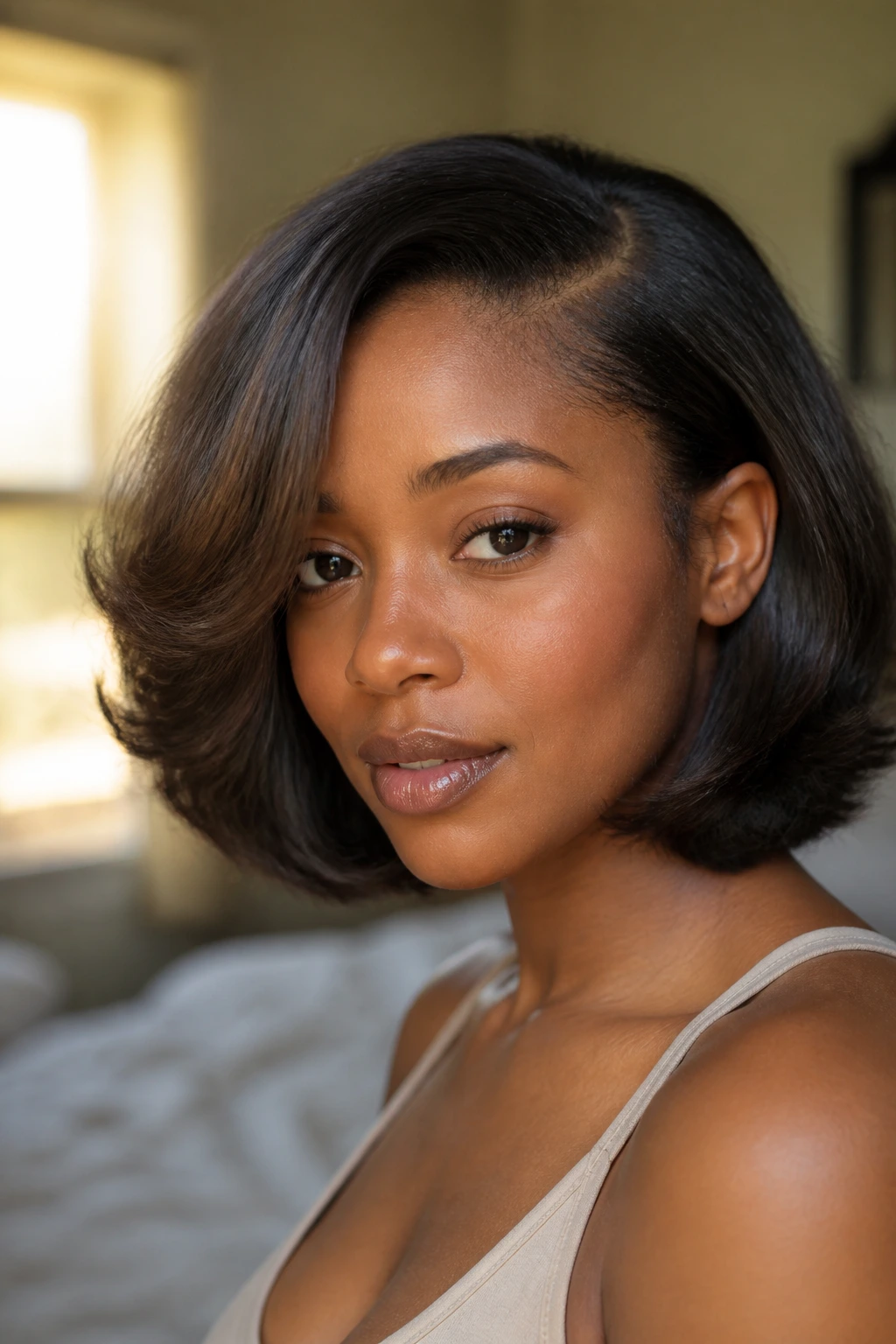 Close-up of side-part texturized bob on a real woman with warm window light