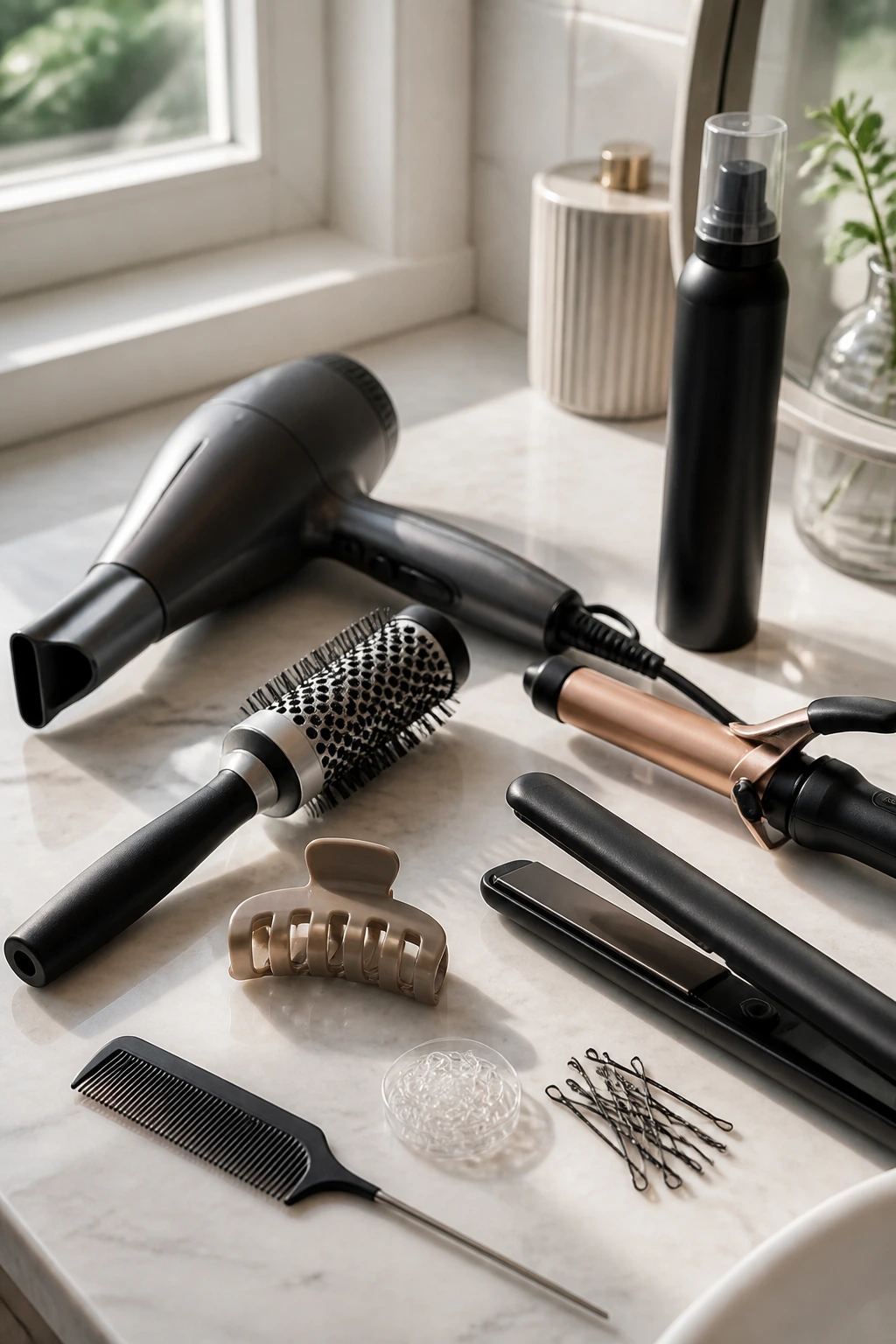 Close-up montage of essential hair tools for side-part hairstyles on a vanity.