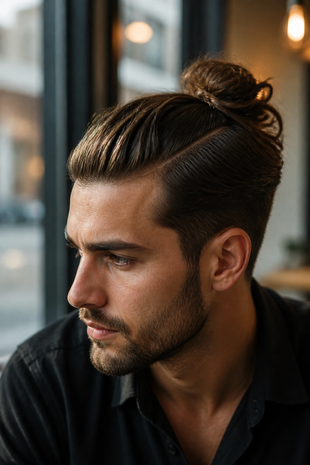 Portrait of a man with a side-part top knot