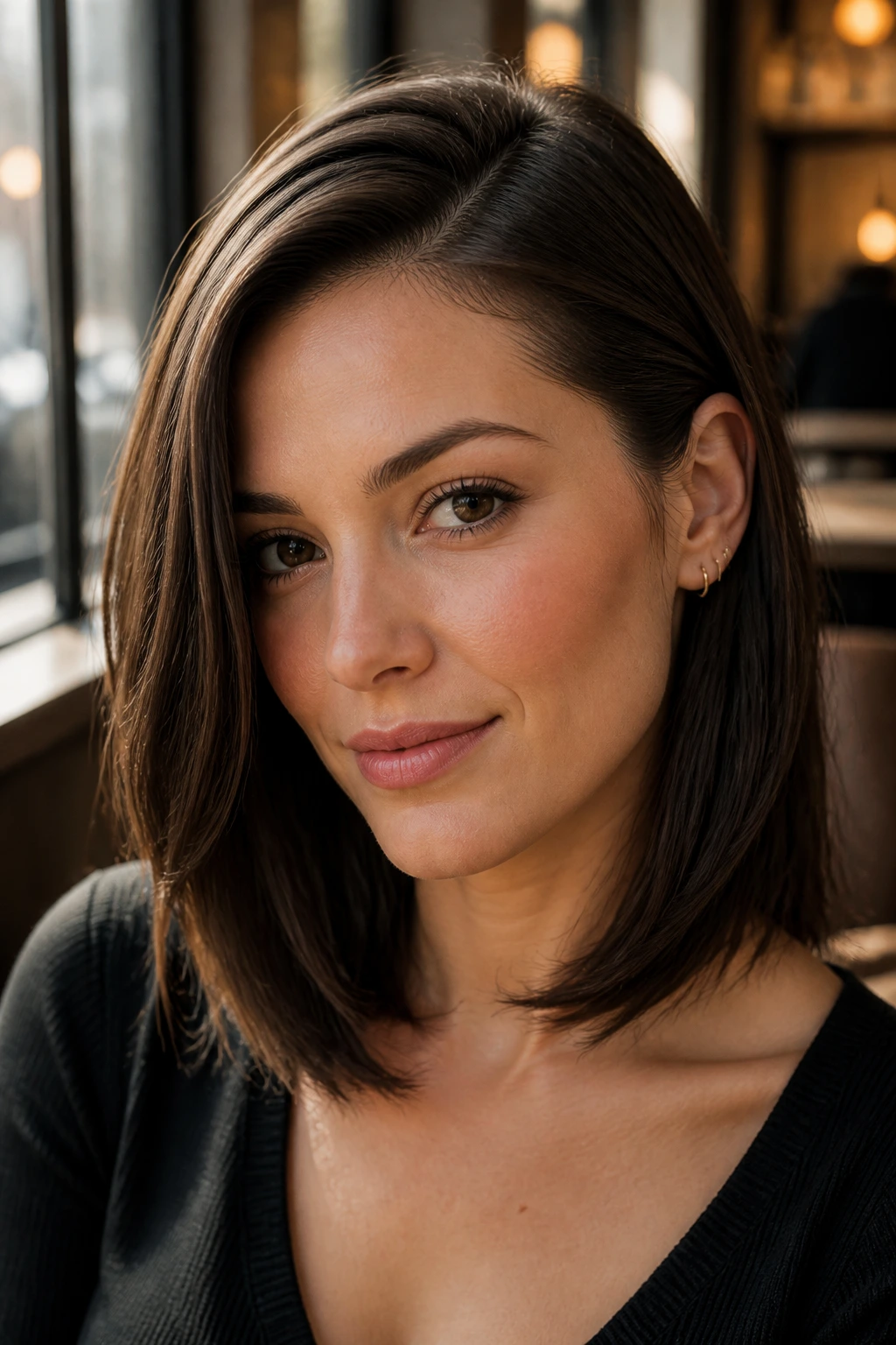 Portrait of a real person with a side-part and tuck-behind-ear hairstyle