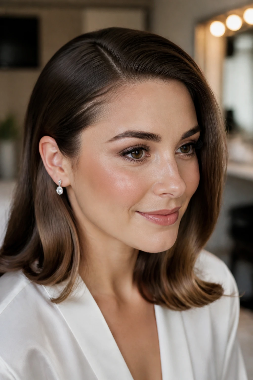 Bride with polished side-part tuck behind the ear