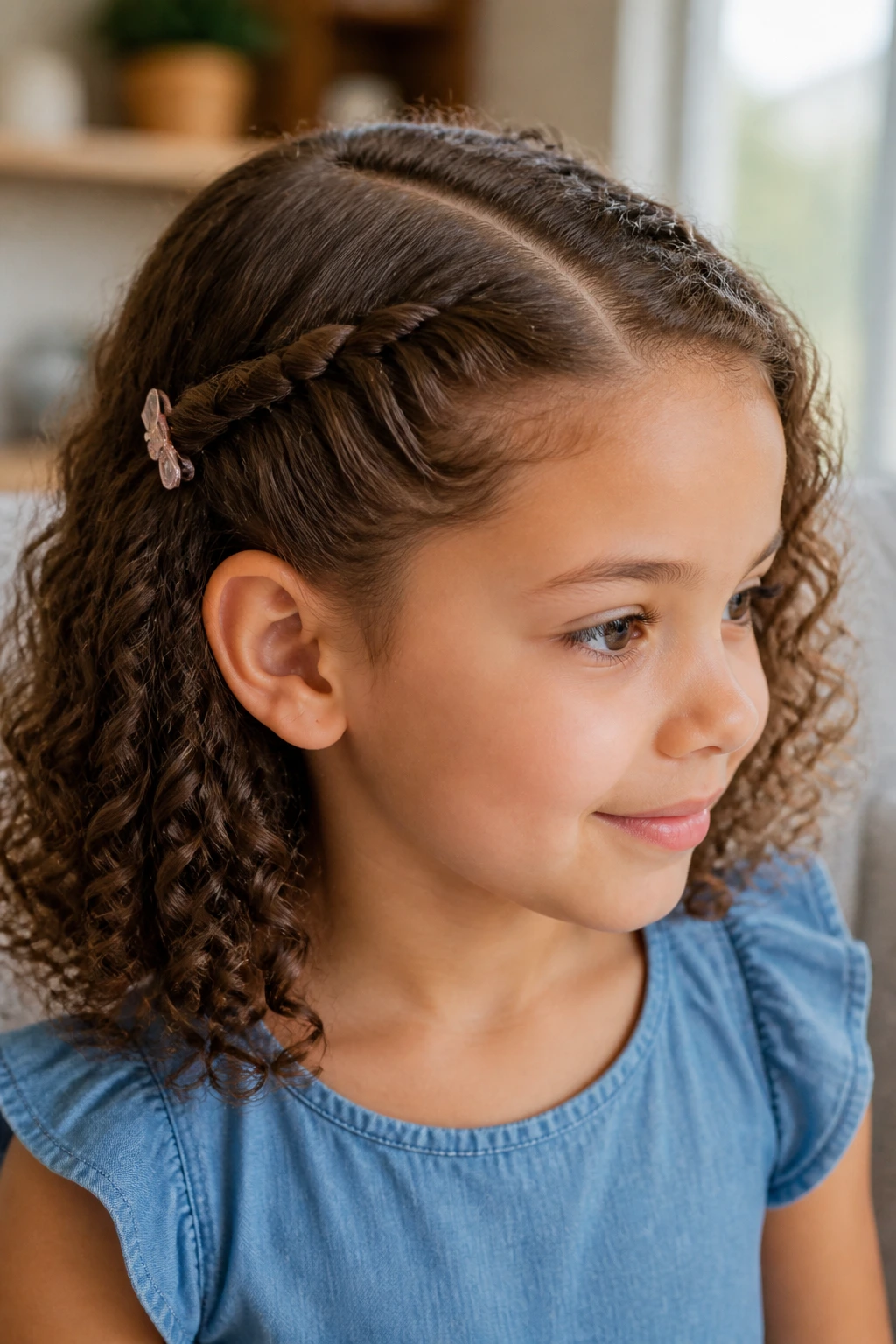 Girl with a side-part twist clipped behind the ear