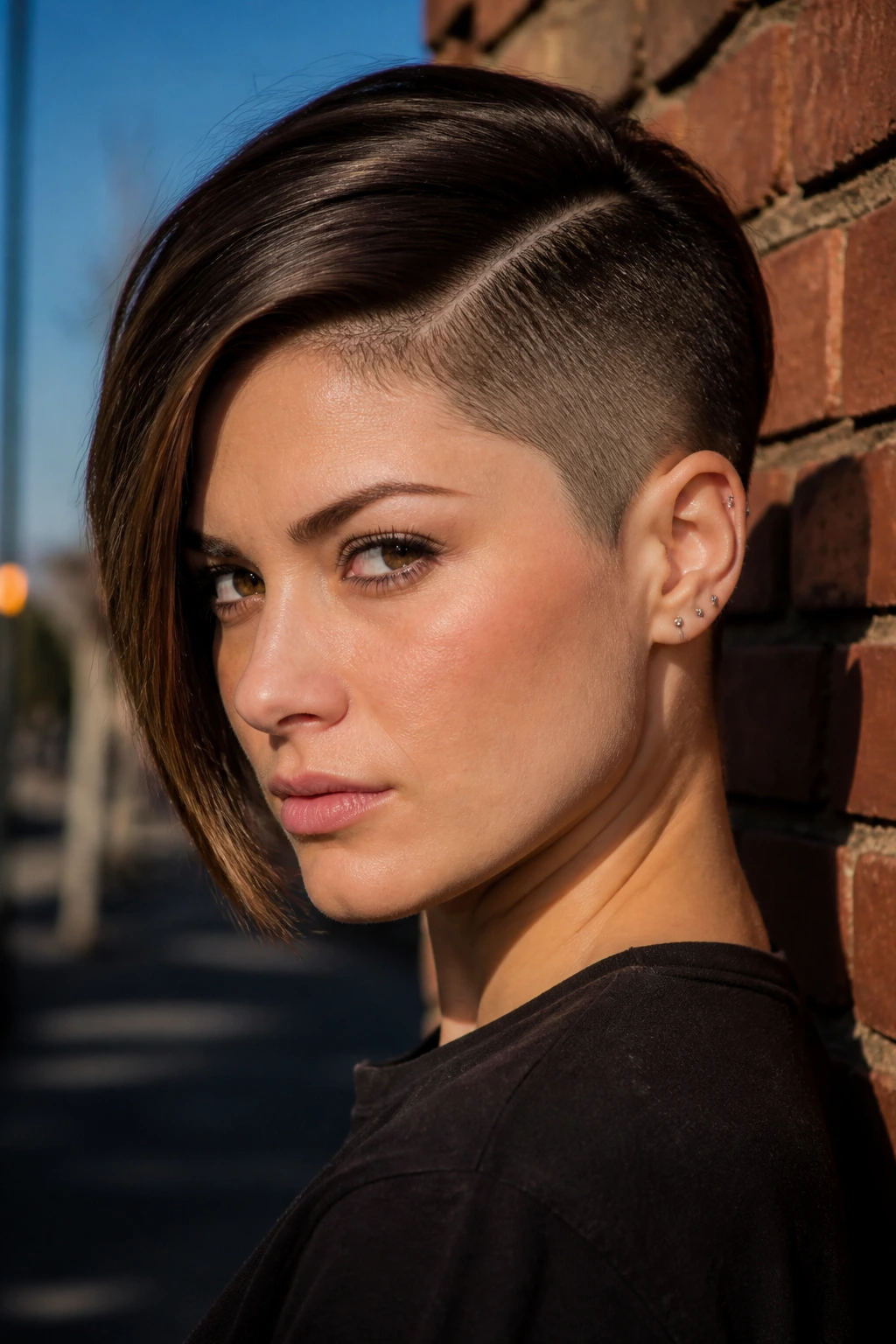 Close-up portrait of a woman with a deep side part and visible undercut