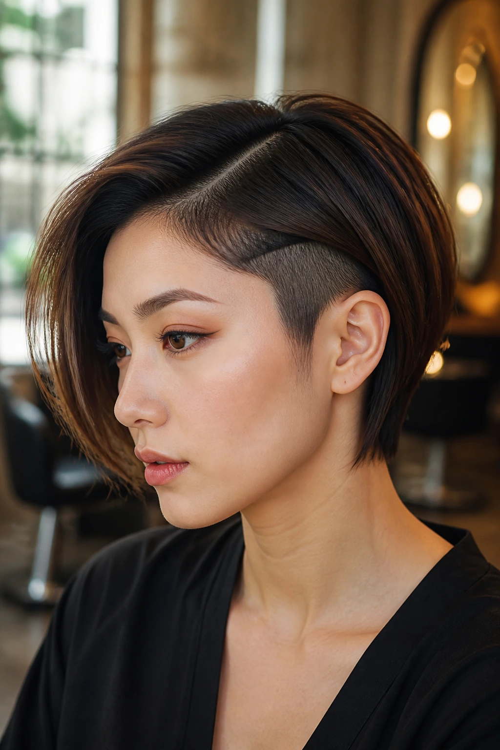 Close-up portrait of a real woman with a side-part and a disconnected panel undercut.