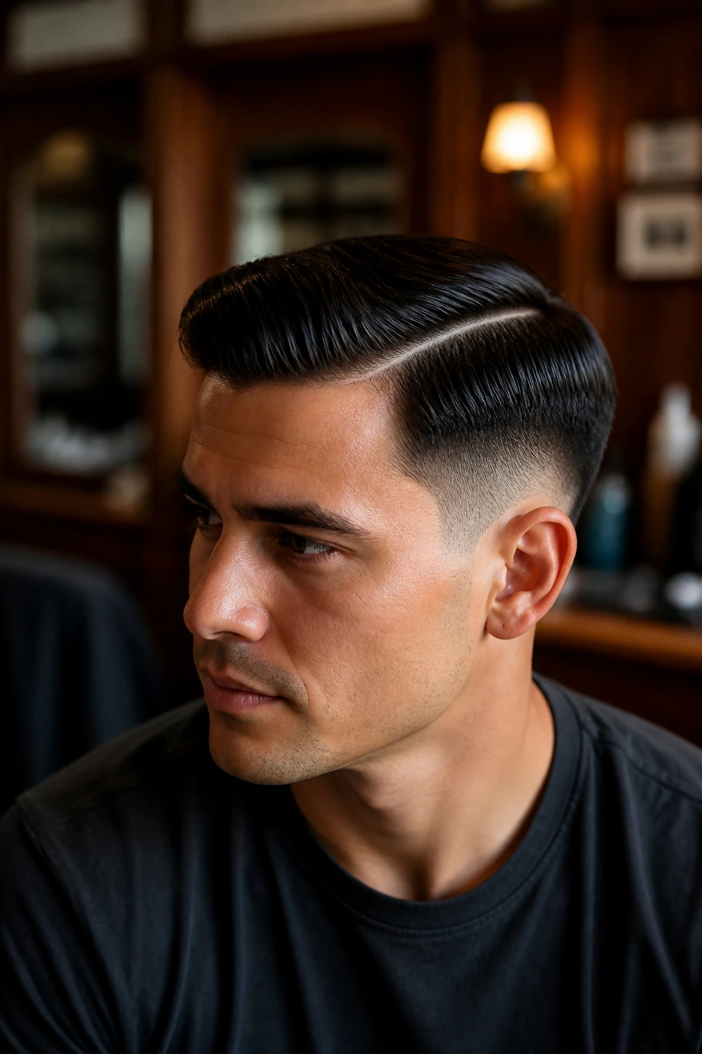 Portrait of a man with a sharp side-part vintage haircut showing defined shape