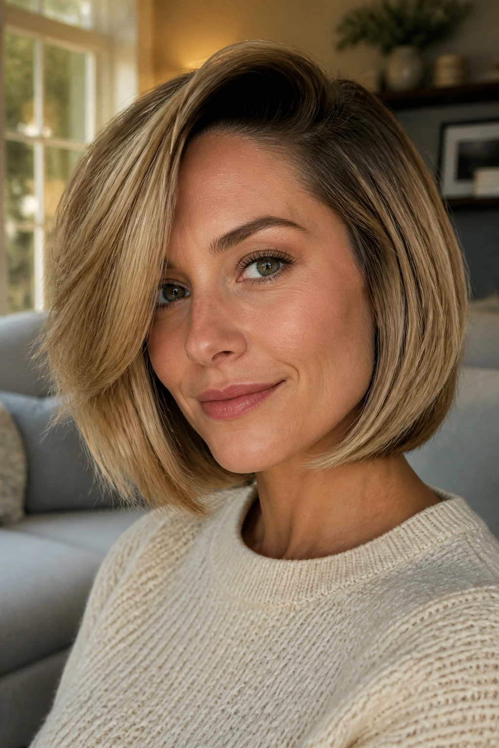 Close-up portrait of a real woman with a side-part volume bob and crown lift