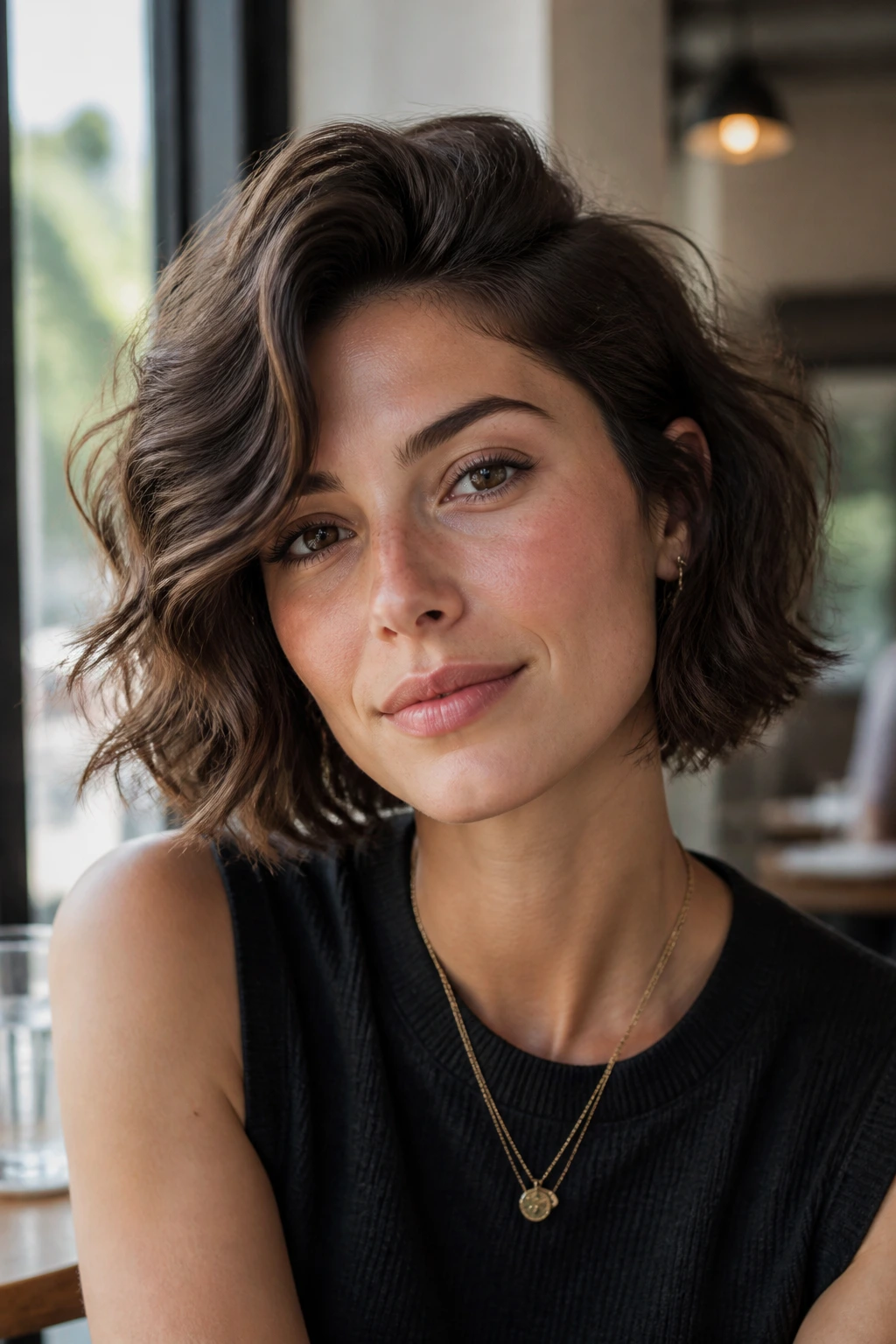 Portrait of a woman with deep side-part volume bob