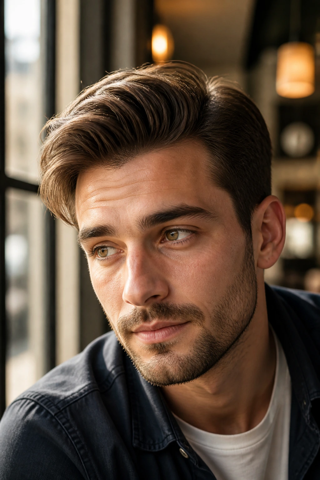 Close-up of a man with side part and voluminous top in a cafe setting