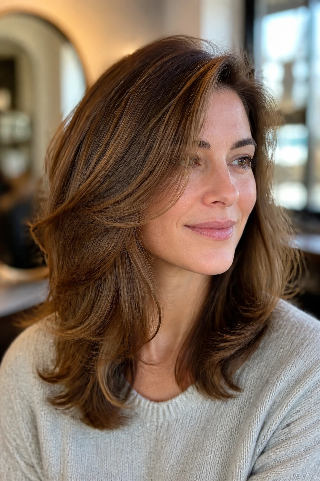 Side-part volume layers hairstyle on a real woman in a warm salon setting