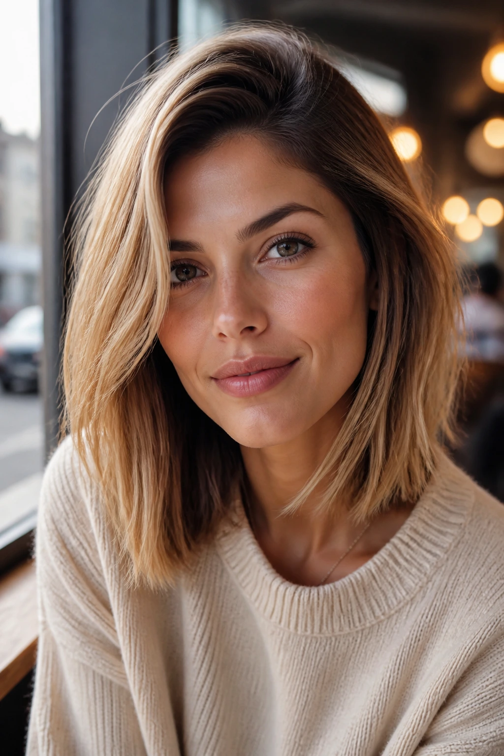 Close-up of a real woman with a deep side-part volume lob