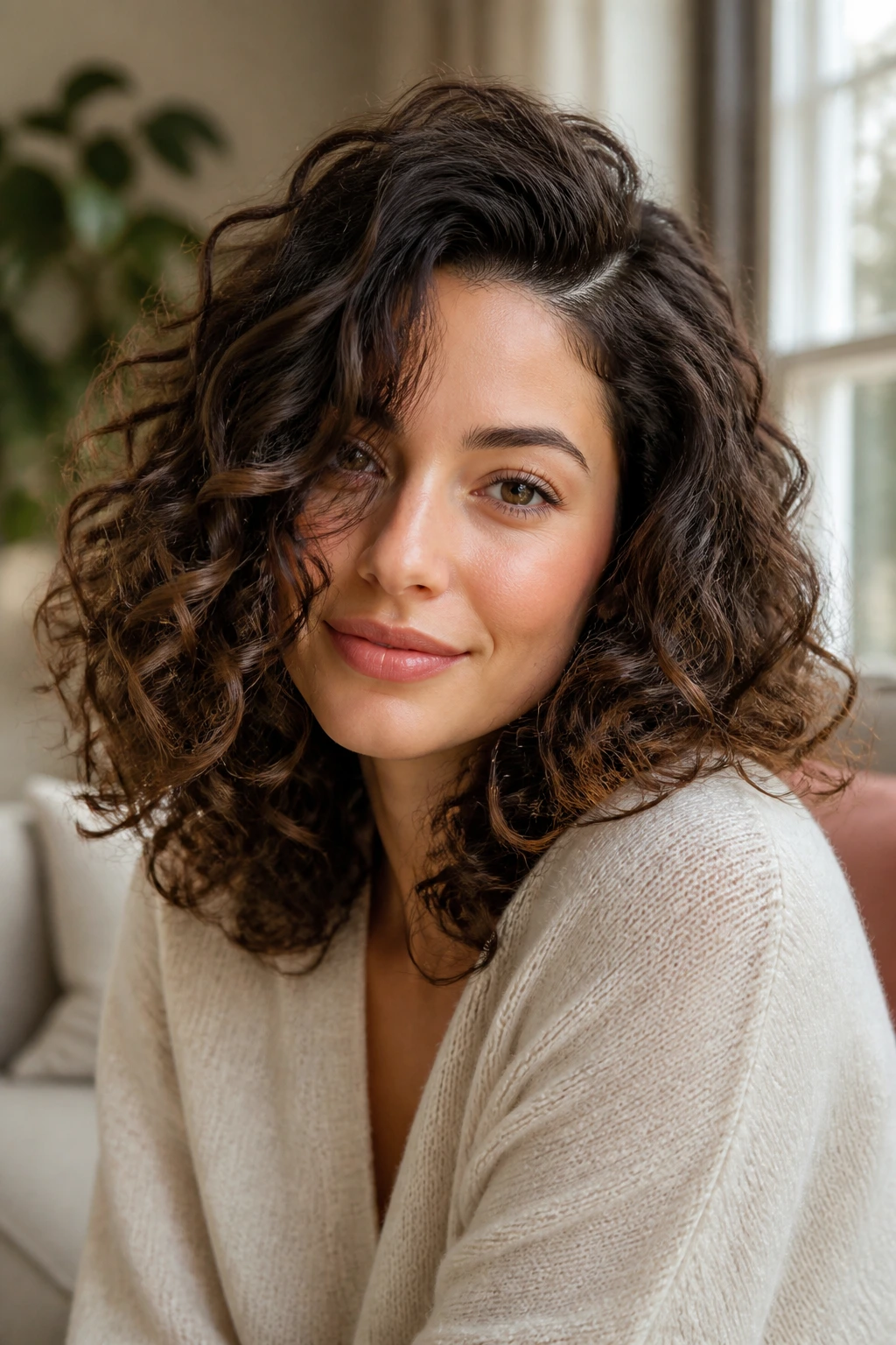 Medium close-up of side-part volume curly lob on a real person