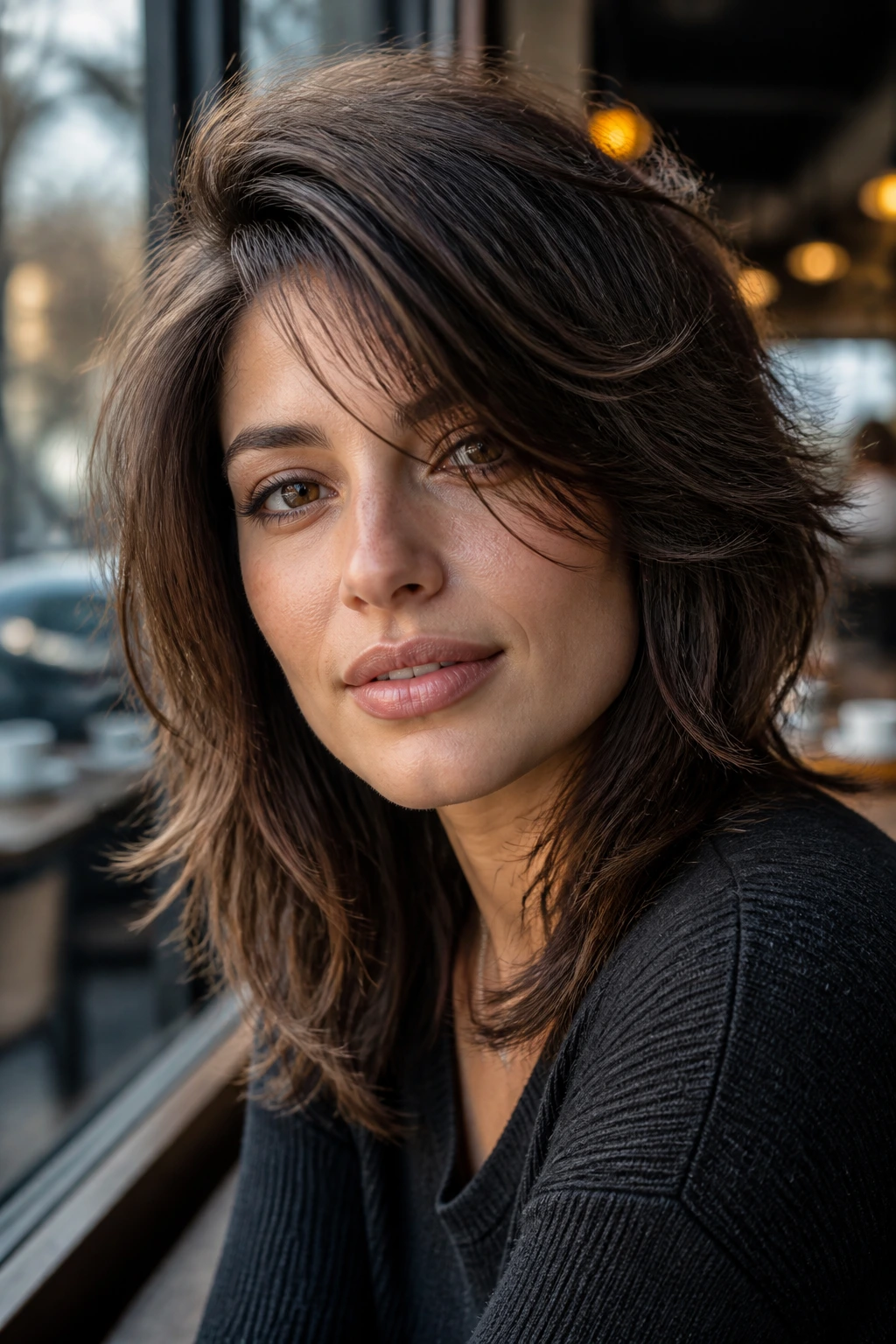 Portrait of a real woman with side-part volume shag showing crown lift and soft layers
