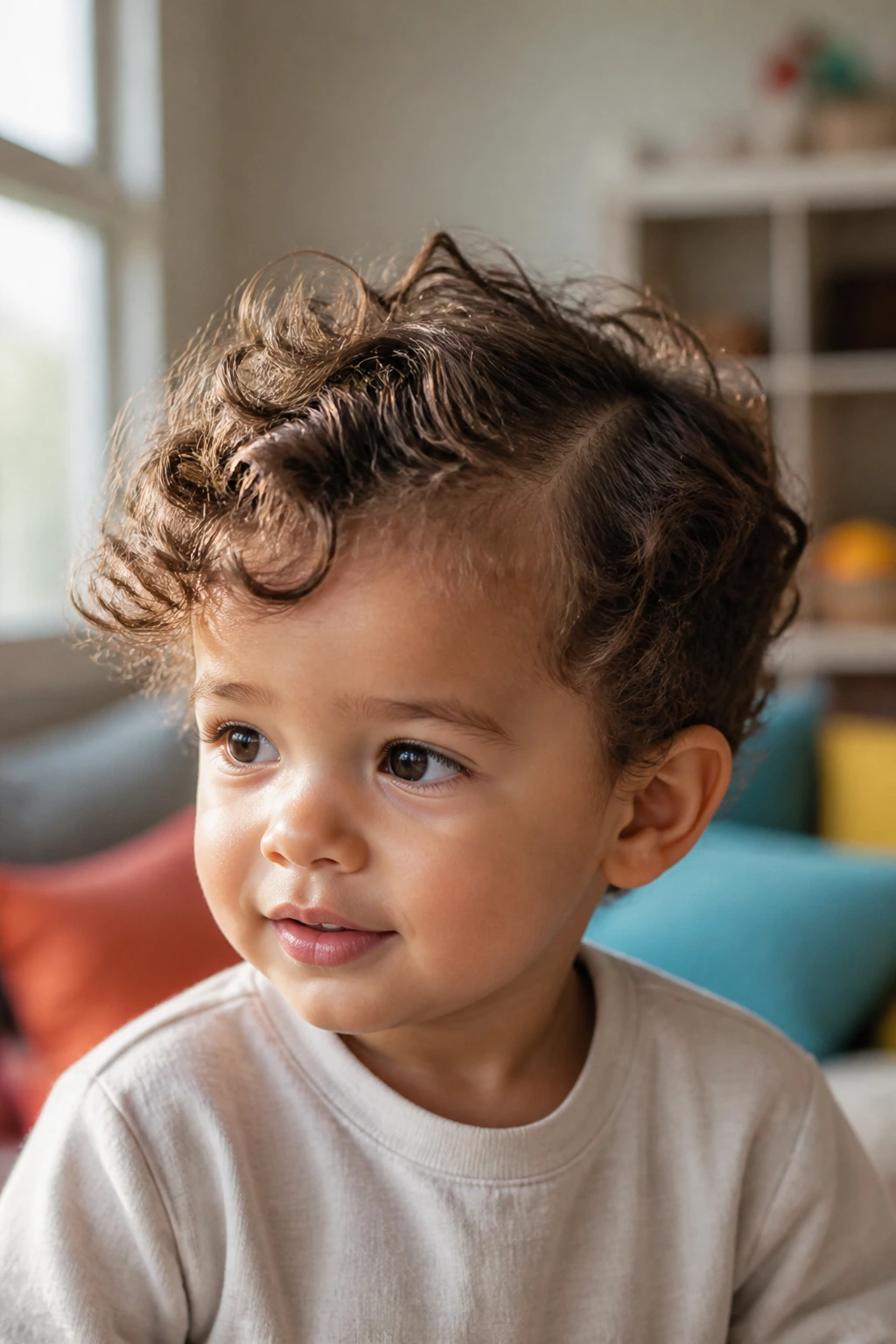 Close-up of a toddler boy with a soft side-part in curly hair