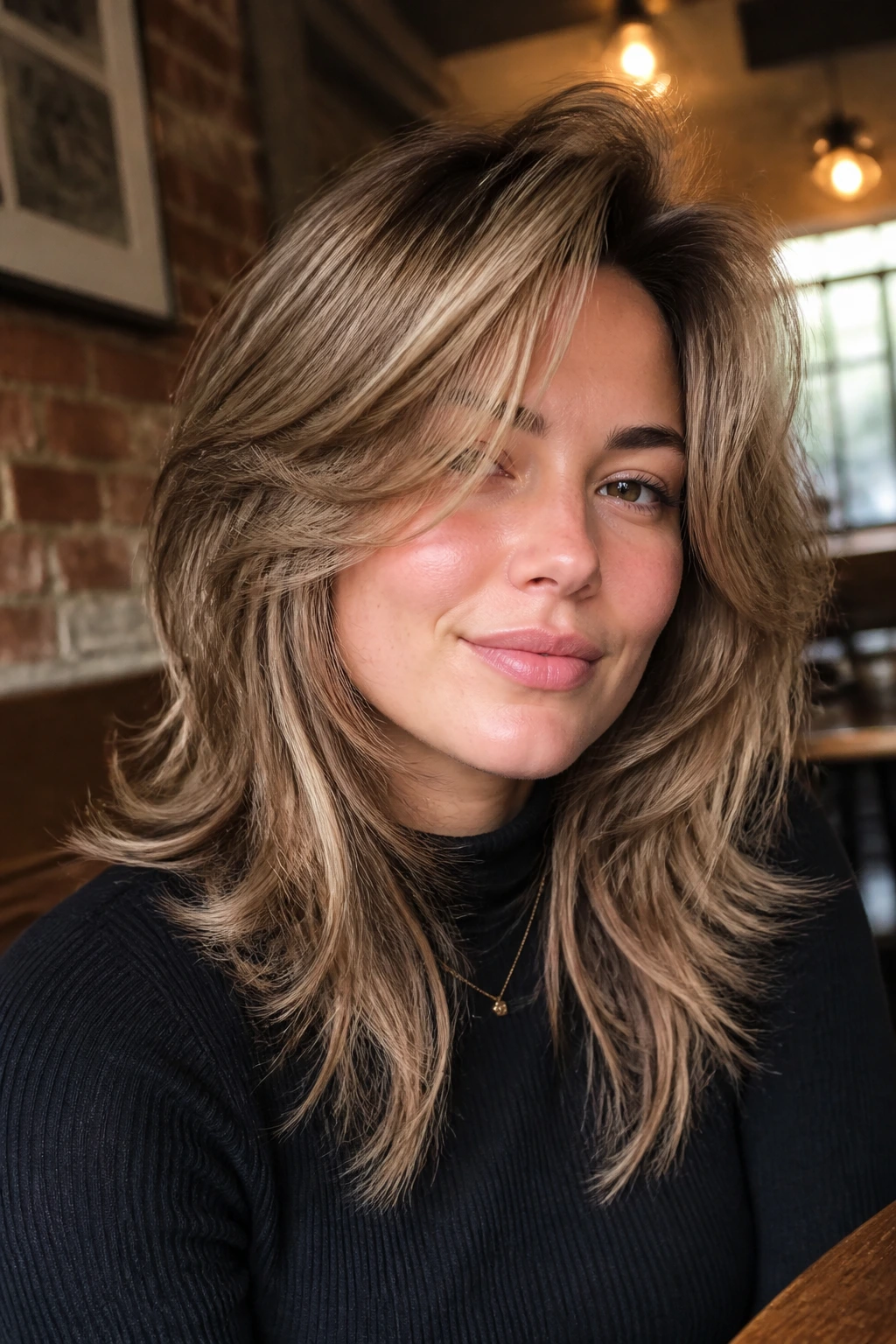 Real person with side-part volume wolf cut and crown lift in cozy cafe setting