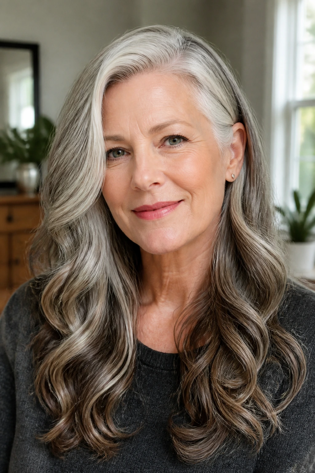 Portrait of a woman with long waves styled in a deep side part.