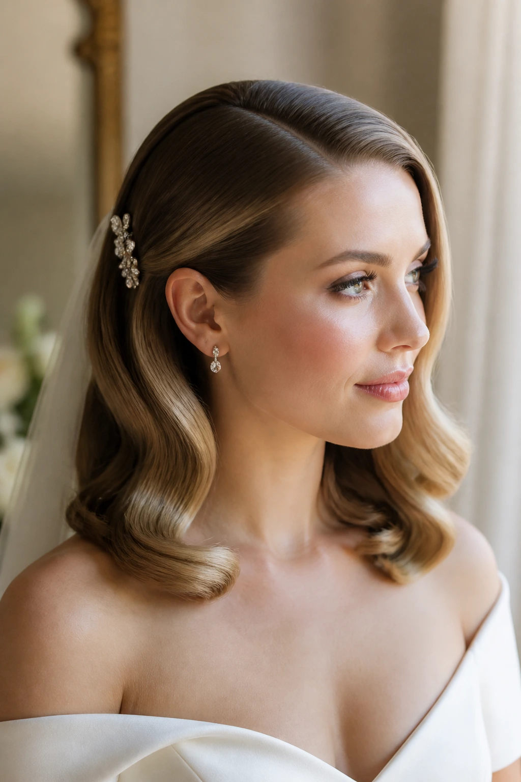Close-up of a real bride with a deep side part and polished waves at the ends.
