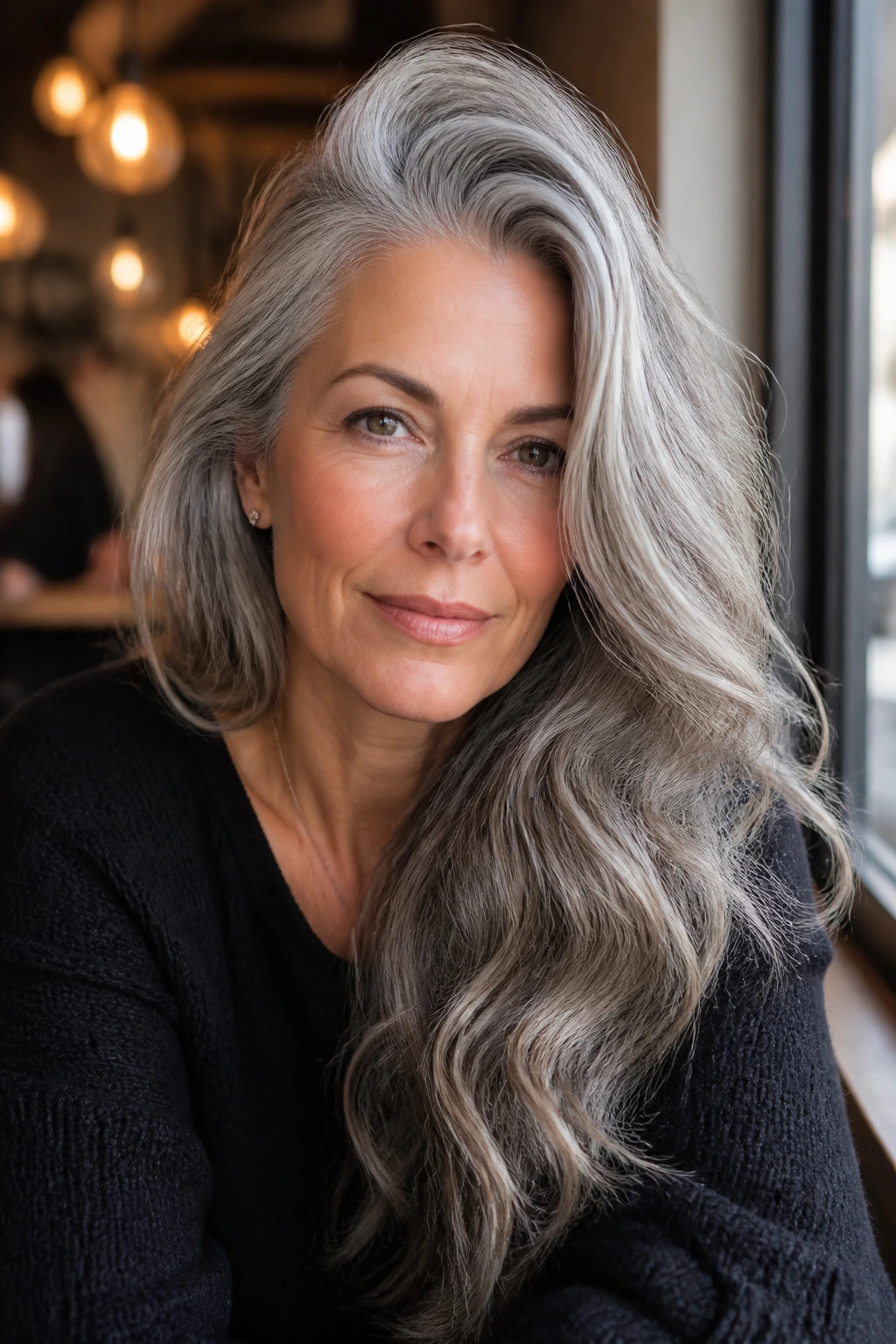 Close-up of a real woman with deep side-part waves in gray hair