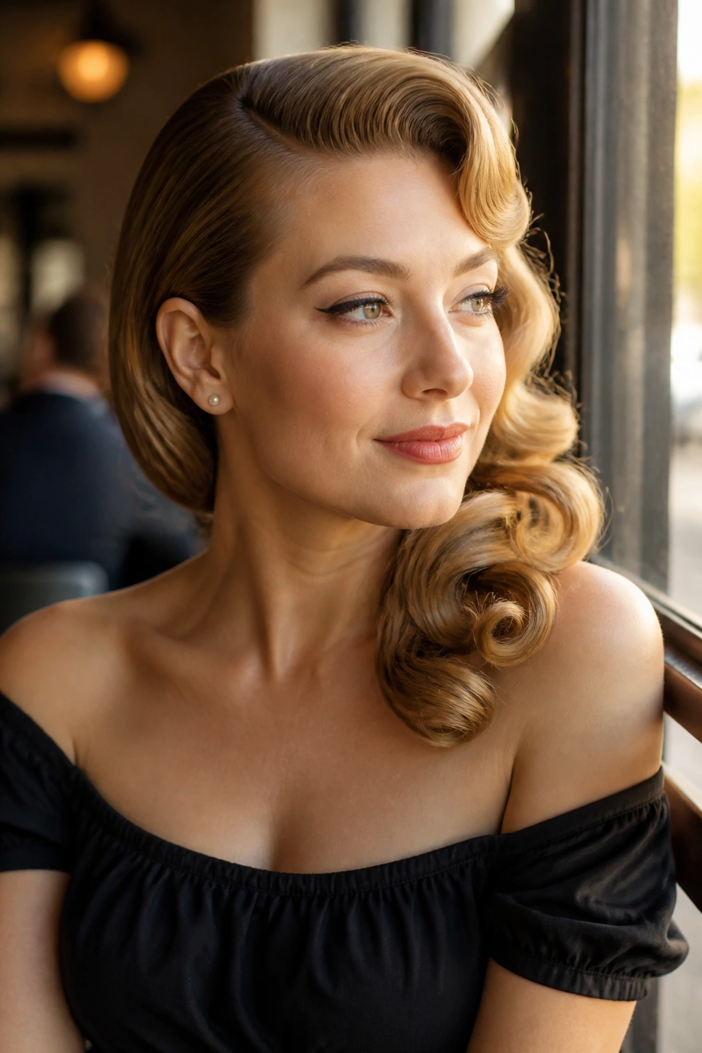 Close-up of Side-Part Pin-Up Waves on a real woman by a cafe window