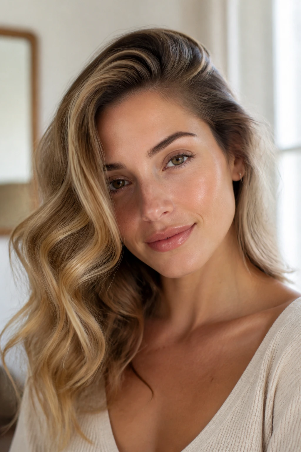 Portrait of a woman with deep side-part waves in a sunlit room