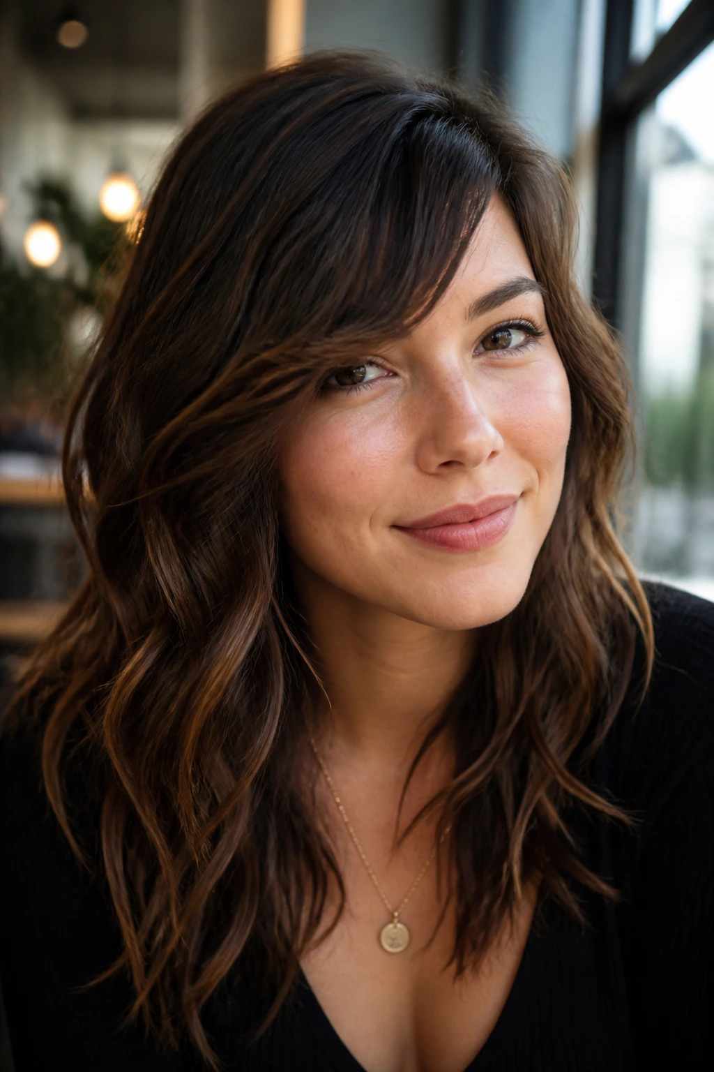 Close-up of a real woman with side-parted waves and soft choppy sweep by a sunlit window