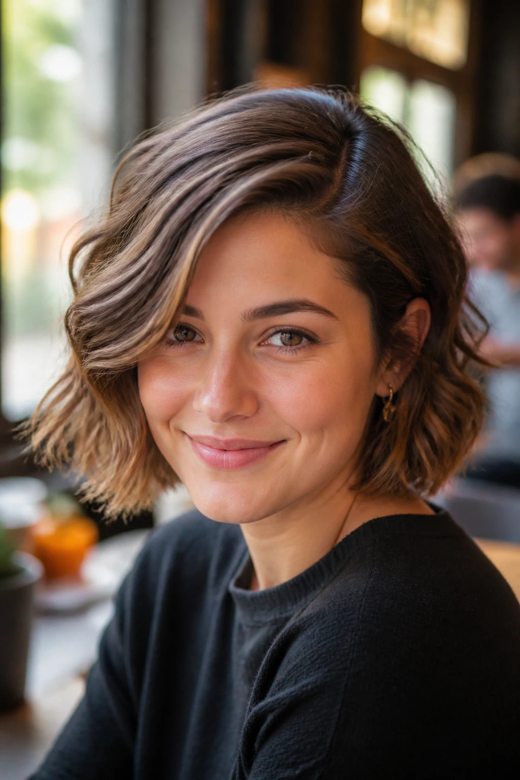Portrait of a woman with a deep side-parted wavy chin-length bob