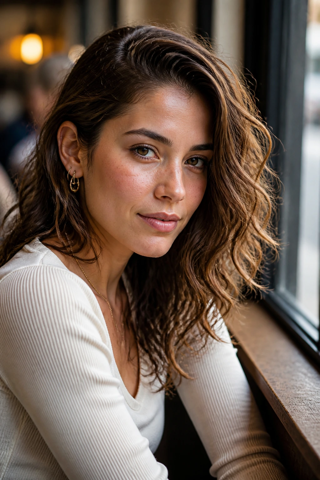 Real person with a side-parted wavy hairstyle and tucked-behind-ear look in a cafe setting