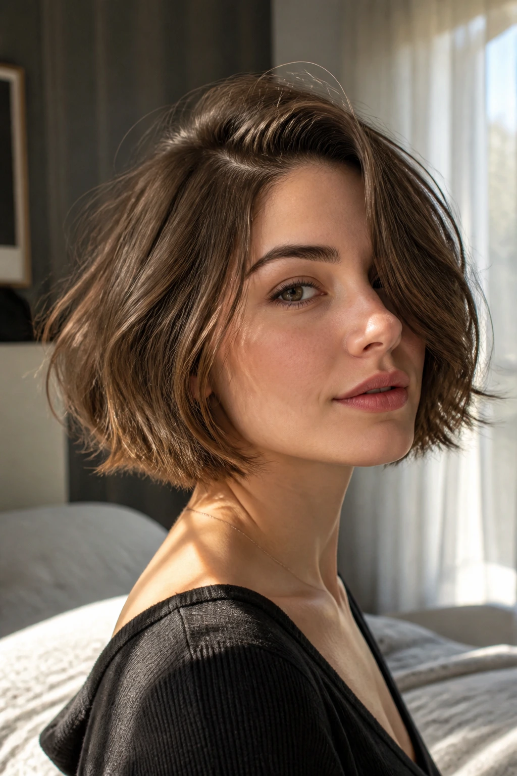 Close-up portrait of a real woman with a side-part wispy bob and sweeping fringe.
