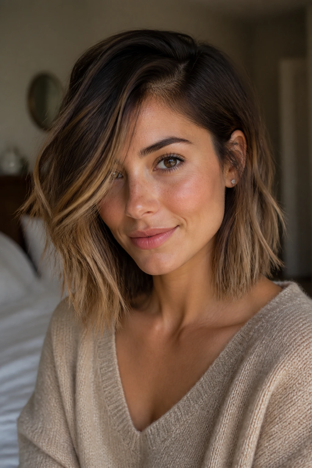 Close-up portrait of a real woman with a side-parted wispy lob under warm bedroom window light