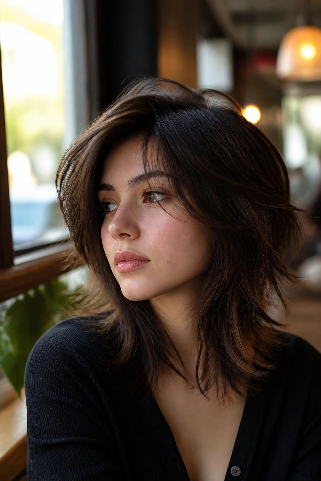 Close-up of a real person with Side-Part Wolf Cut showing lifted roots and asymmetry on medium straight hair.