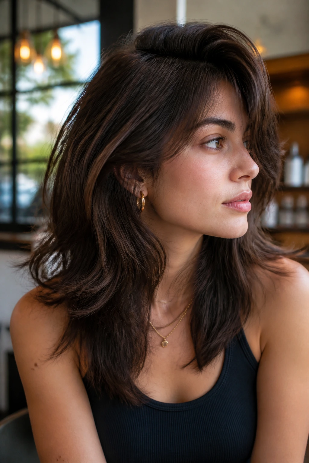 Close-up portrait of real person with Side-Part Wolf With Built-In Lift showing root lift and asymmetrical part.