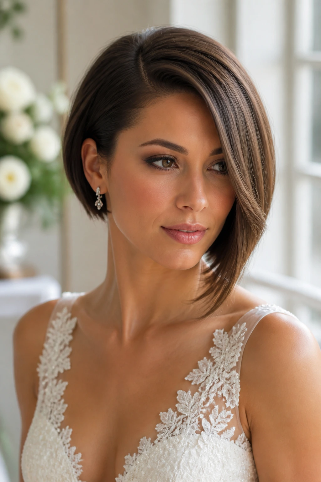 Bride with side-parted asymmetrical bob, diagonal silhouette in soft daylight