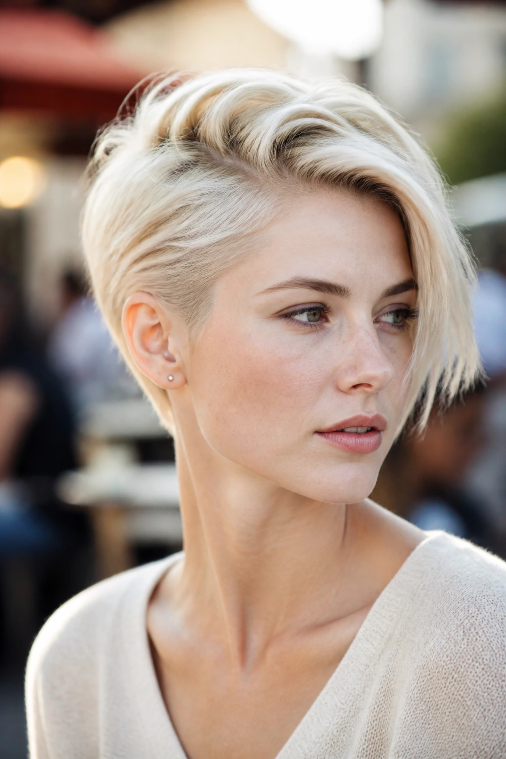 Close-up of side-parted blonde crop on a real woman with deep side part